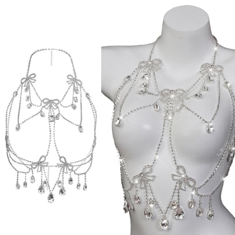 Fashionable Rhinestones Layered Chest Jewelry Trendy Bowknot Design Body Chain Jewelry For Pool Parties Night Event
