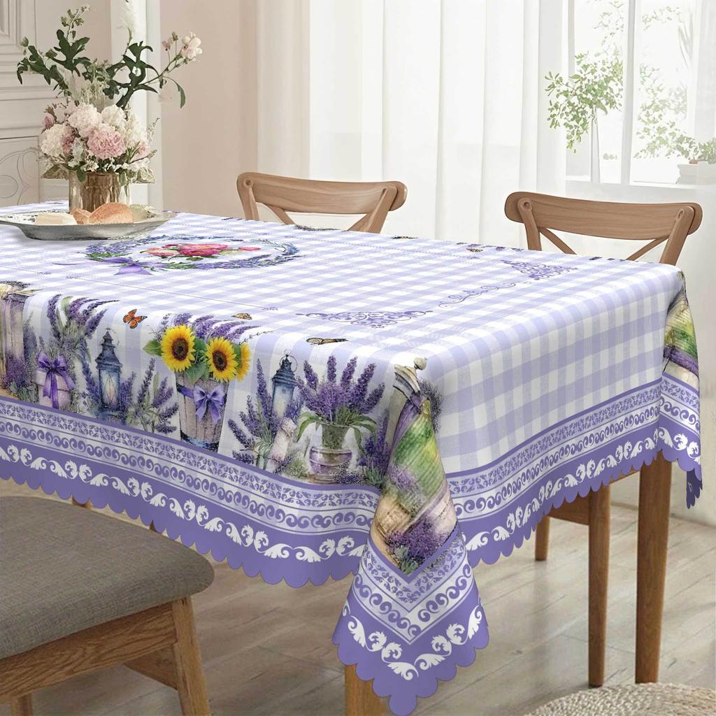 Purple Lavender Sunflower Peony Flower Butterfly Vase Floral Pattern Tablecloth, Round And Rectangular Tablecloth
