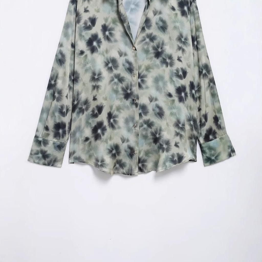 2025 Spring Women's European & American Style Print Silk Satin Long Sleeve Lapel Casual Shirt