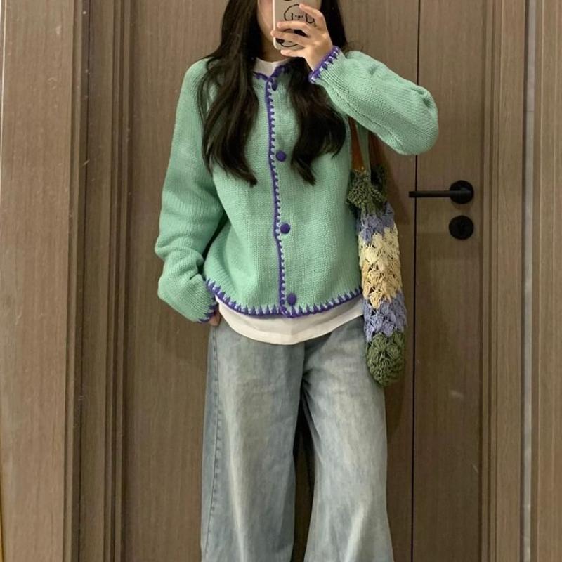 Korean Style Gentle Style Color Block Long Sleeve Knitted Sweater Women's Autumn Sweet Cardigan Top