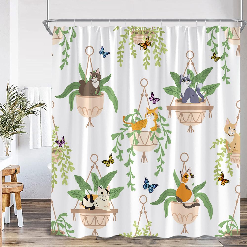 Cat Shower Curtain Cartoon Animal Potted Plant Greenery Black Cat Abstract Nordic Bathroom Decor Minimalist Bathtub Curtain