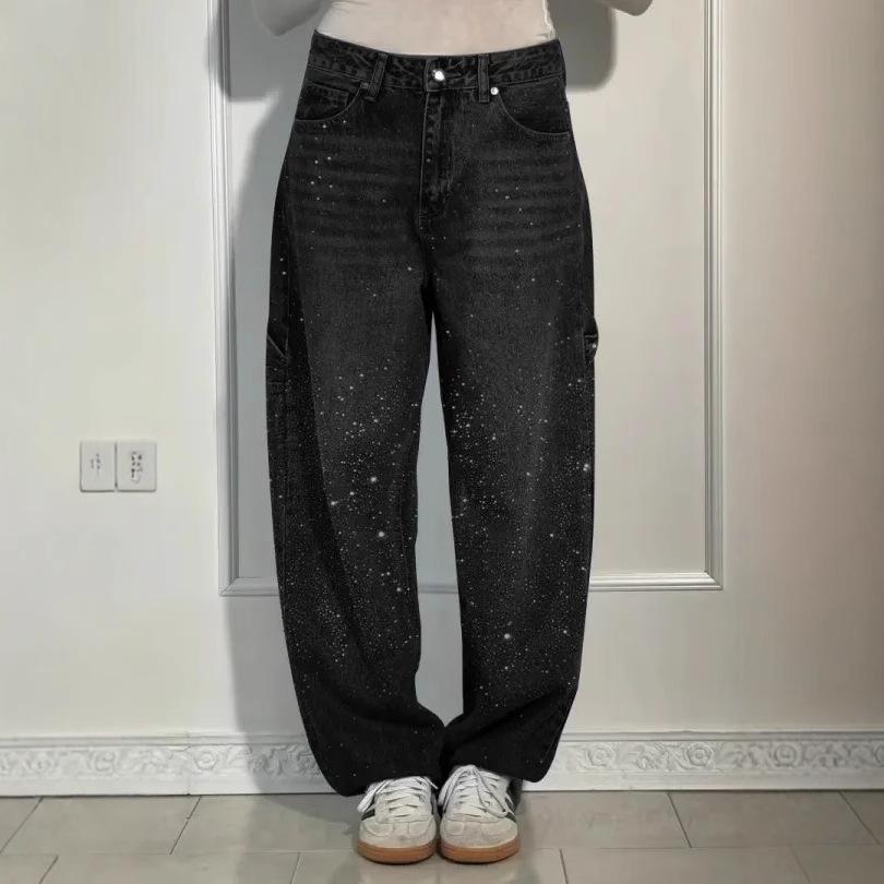 

Блестящие женские джинсы с высокой посадкой, широкие штанины, брюки со стразами, повседневные джинсовые брюки прямого кроя, уличная одежда XS чёрный