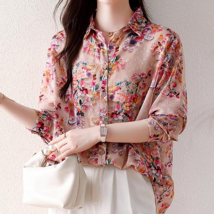 New Summer Plus Size Chiffon Blouse Women Loose Long Sleeve Casual Print Tops Fashion Shirt Tees