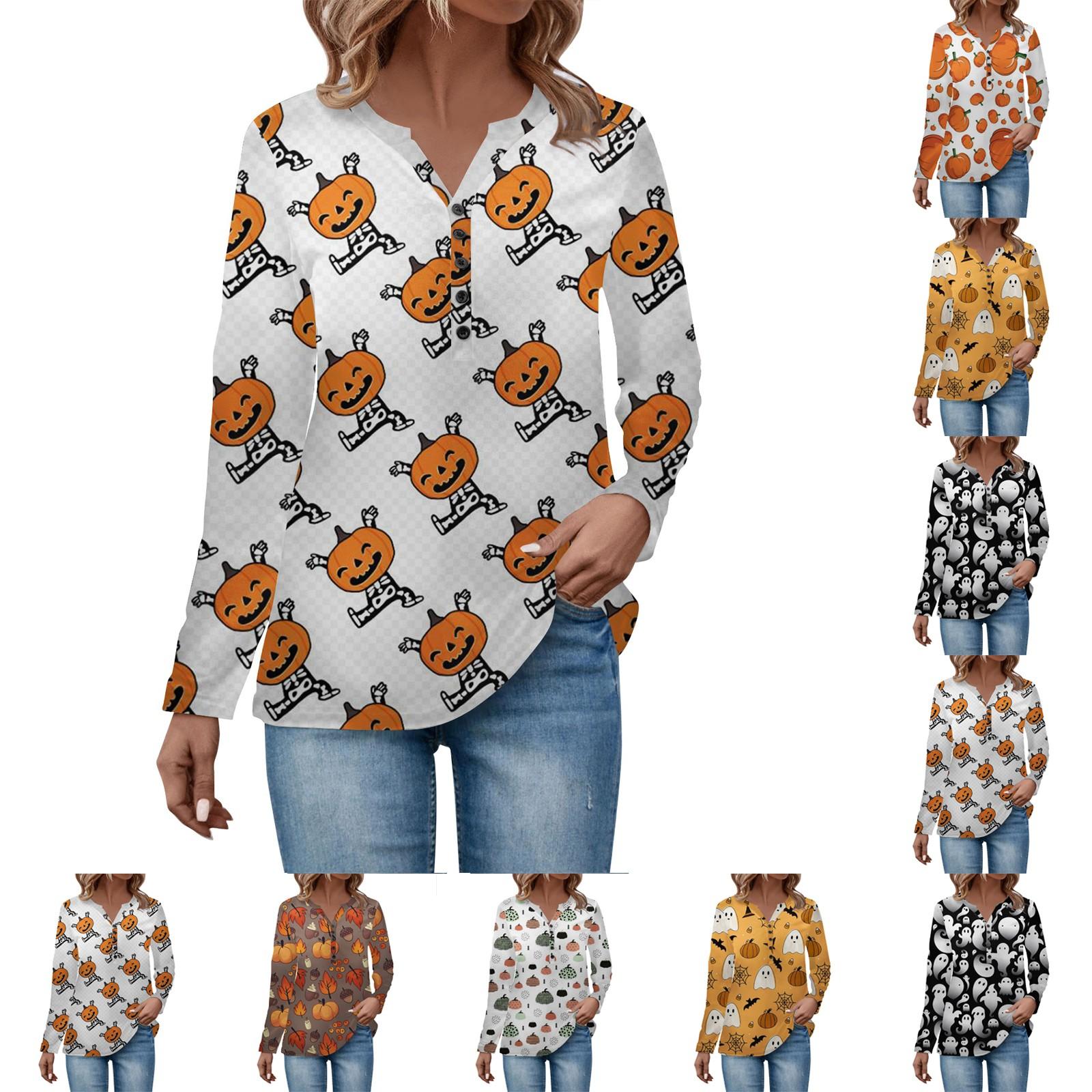 

Женская футболка с v-образным вырезом и пуговицами с длинным рукавом, модные топы, женские повседневные топы с принтом на Хэллоуин