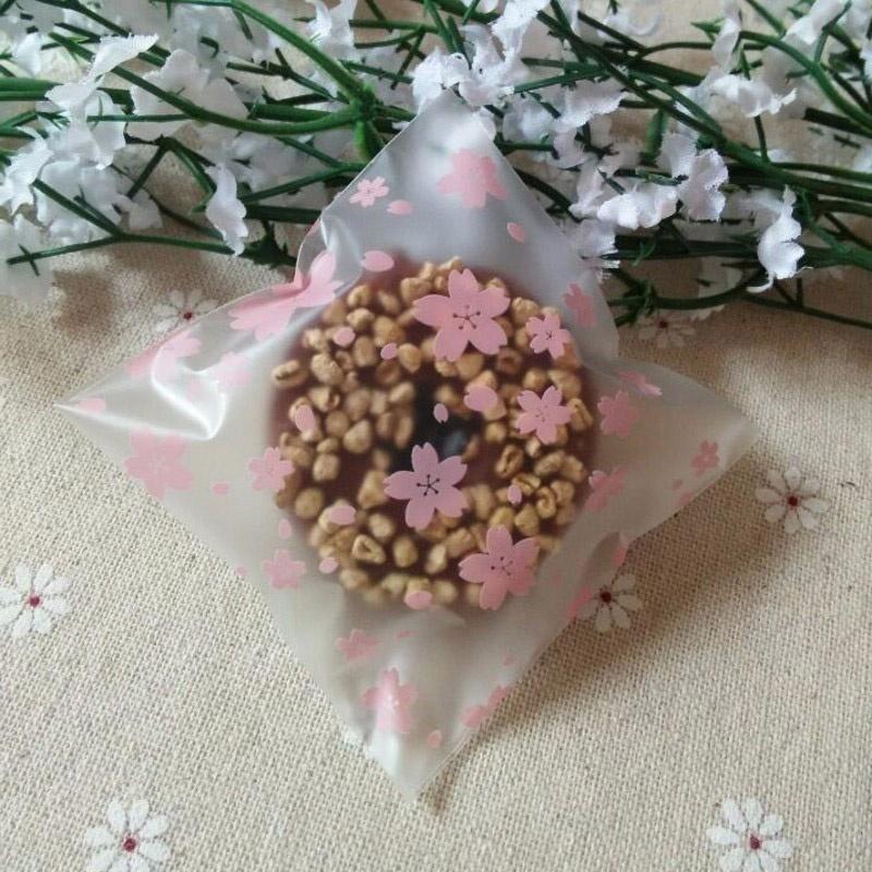 100pcs Pink Transparent Cherry Blossoms Mini Self Adhesive Scrub Opp Bags DIY
