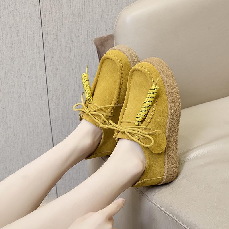 High Quality Suede Leather Loafers Women Round Toe Lace Up Fringe Thick Sole Shoes Casual Comfort Outdoors Flat Walk Shoes Woman
