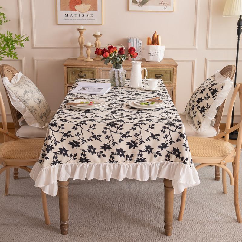 French Polyester Printed Plant Flower Pleated Lotus Leaf Fungus Edge Rectangular Coffee Table Tablecloth Dining Table Cloth