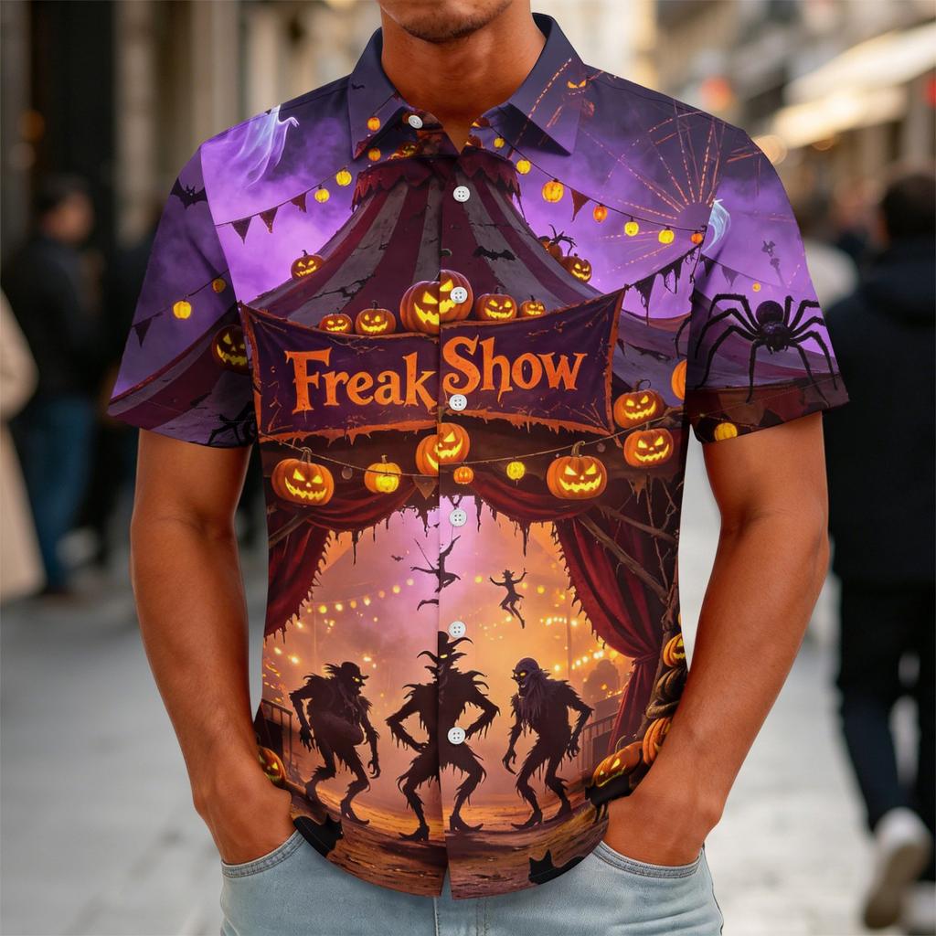 Herren Halloween Print Vintage Textur Hemd Knopfleiste Locker Atmungsaktiv Sommer Sport Street Lässig Tägliches Oberteil