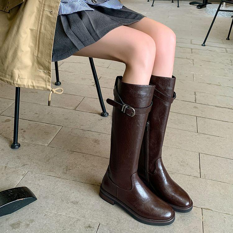 

Cowhide straight boots 2025 autumn and winter new product belt buckle round head side zipper high boots women s knee boots 39
