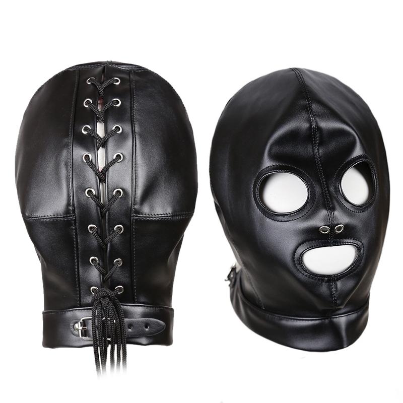 Slave Bdsm Bondage Head Mask PU Leather Hood SM Role Playing Game Erotic Party Mask Fetish Open Mouth and Eye Gimp Adult Sex Toy