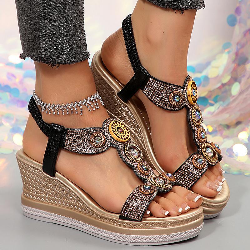 Fashion Shiny Rhinestone Wedge Heel Sandals Women Bohemian Style Chunky Platform Sandalias Mujer 2025 Fashion Thick Bottom Dress Sandals