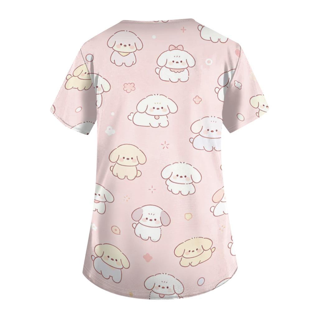 Women's V Neck Short Sleeve Work Top with Pockets Animal Print Medical Uniform Scrub Shirt for Healthcare Professionals Nursing Staff