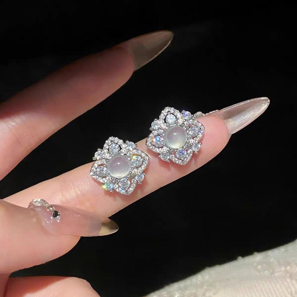 Elegant Flower Earrings with Simulated White Chalcedony and Full Diamonds for Women Minimalist Luxury Ear Jewelry