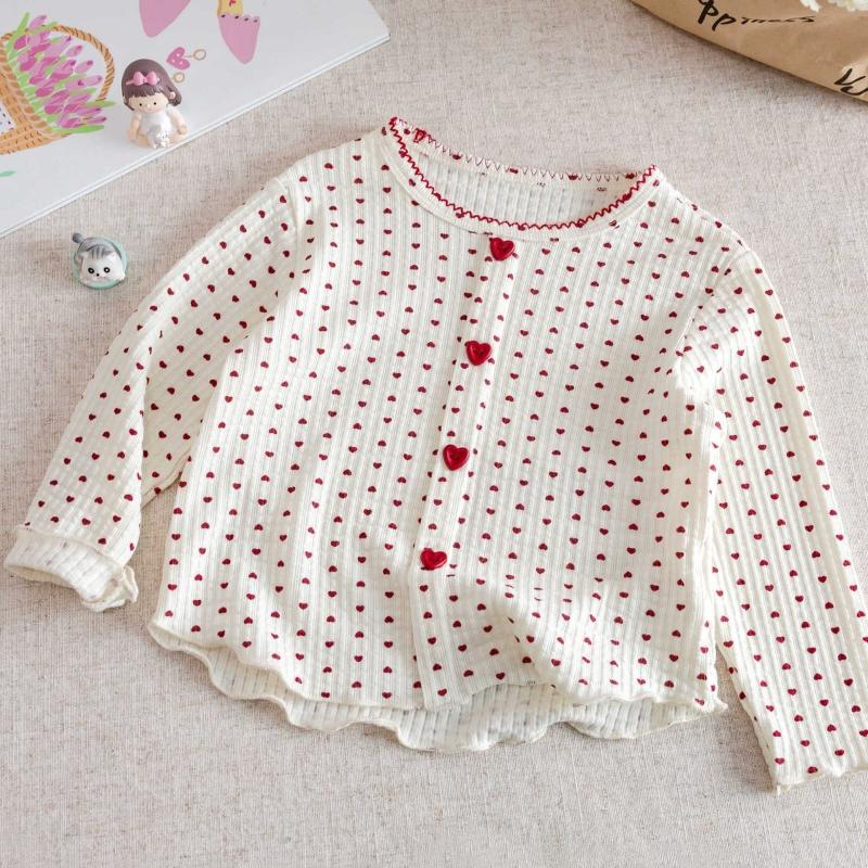 

Kids Girls Hearts Print Tops Shirt Hearts Button Long Sleeve Soft Bottom T-Shirts Children Spring Autumn Fall Leisure Blouses 130 бежевий