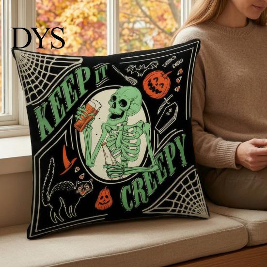 Decorative Bed Cushion Covers 4Pcs/Set Halloween Linen Covers, 18x18 Inch Retro Throw Pillow Cases, Soft Skeleton Pumpkin Black Cat Witch for