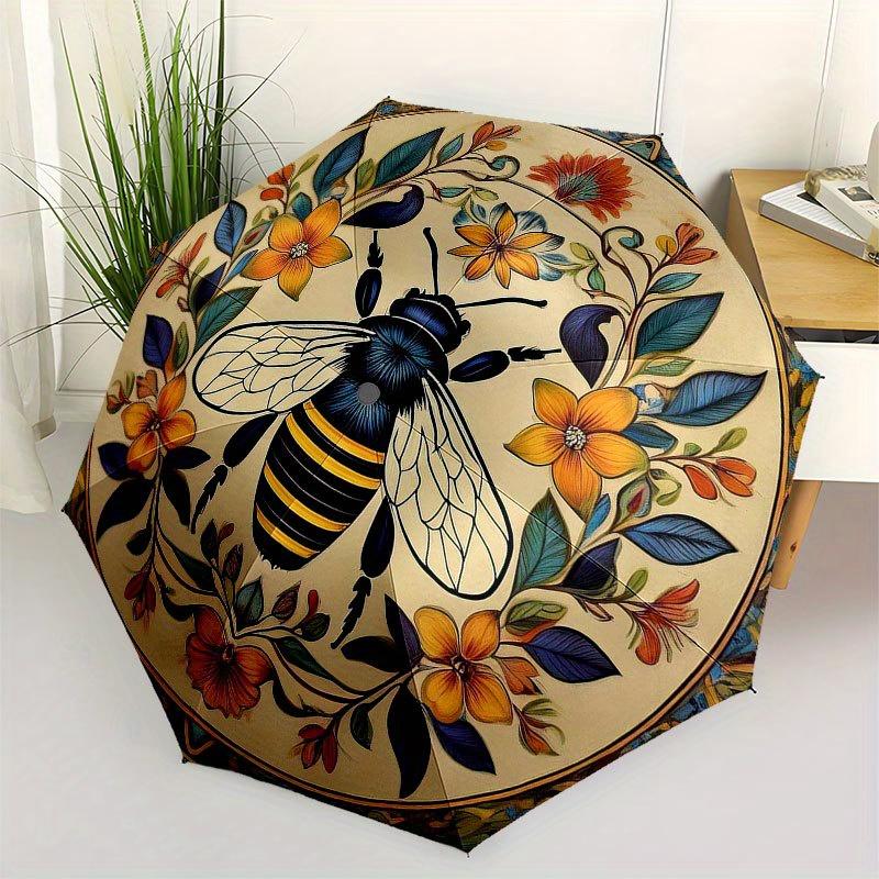 

Colorful Bee and Floral Decorative PlateUmbrella with Cute Design, Portable 3-Fold Compact Umbrella for Men & Women, Valentine s Day Mother s Day Hall