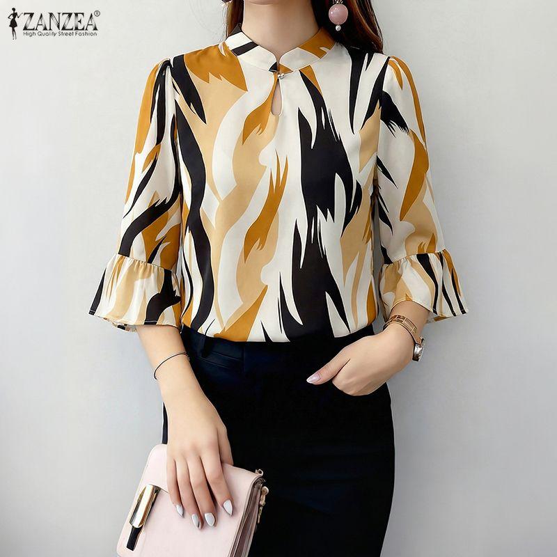 ZANZEA Women Casual Stand Collar Loose 3/4 Sleeve Print Blouse