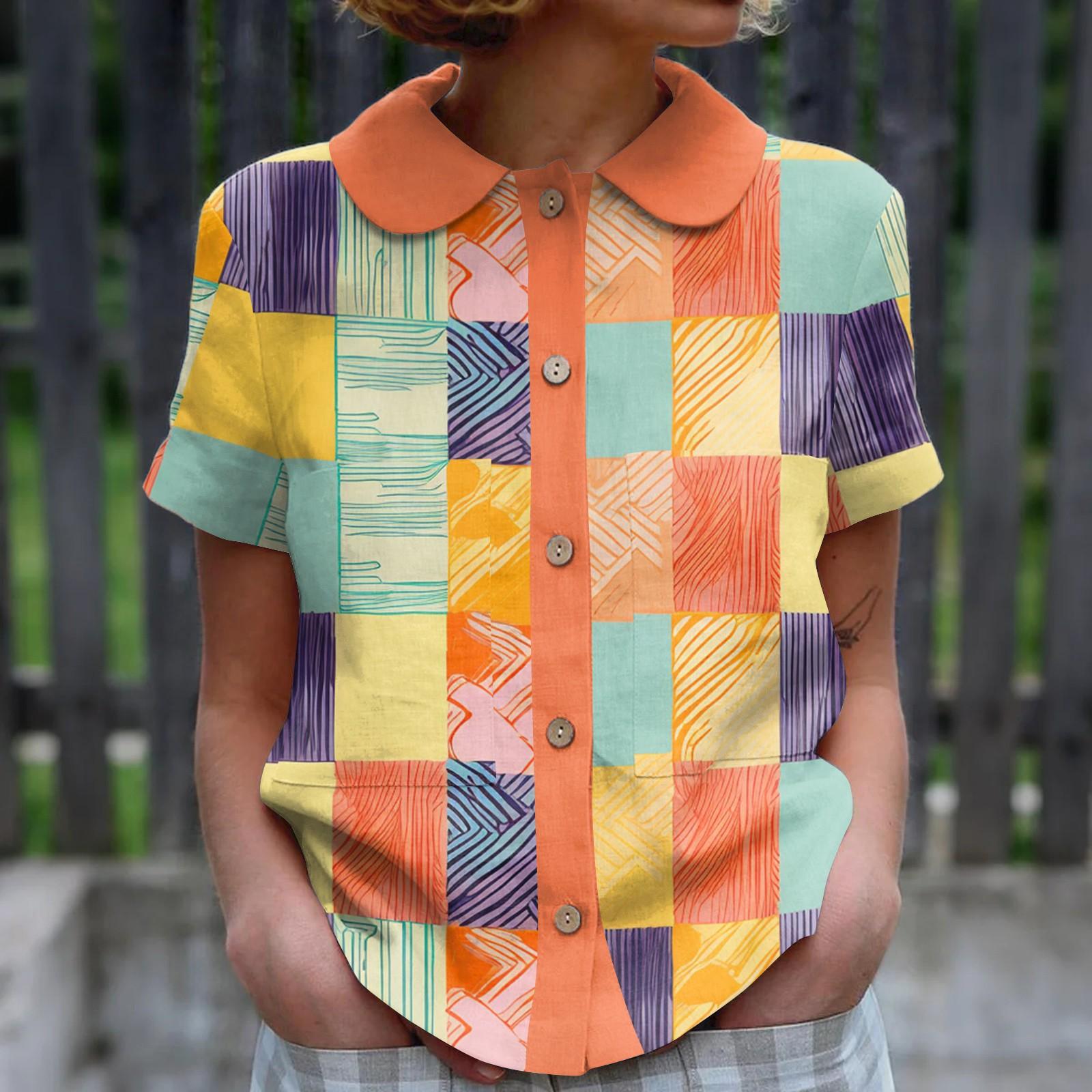 

Женский повседневный модный топ с принтом, круглым вырезом и короткими рукавами на пуговицах M оранжевый