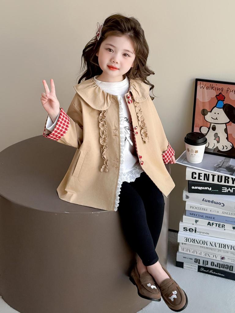 Mädchen karierter mittellanger Trenchcoat mit Peter-Pan-Kragen - 2025 Frühling & Herbst Mode Oberbekleidung