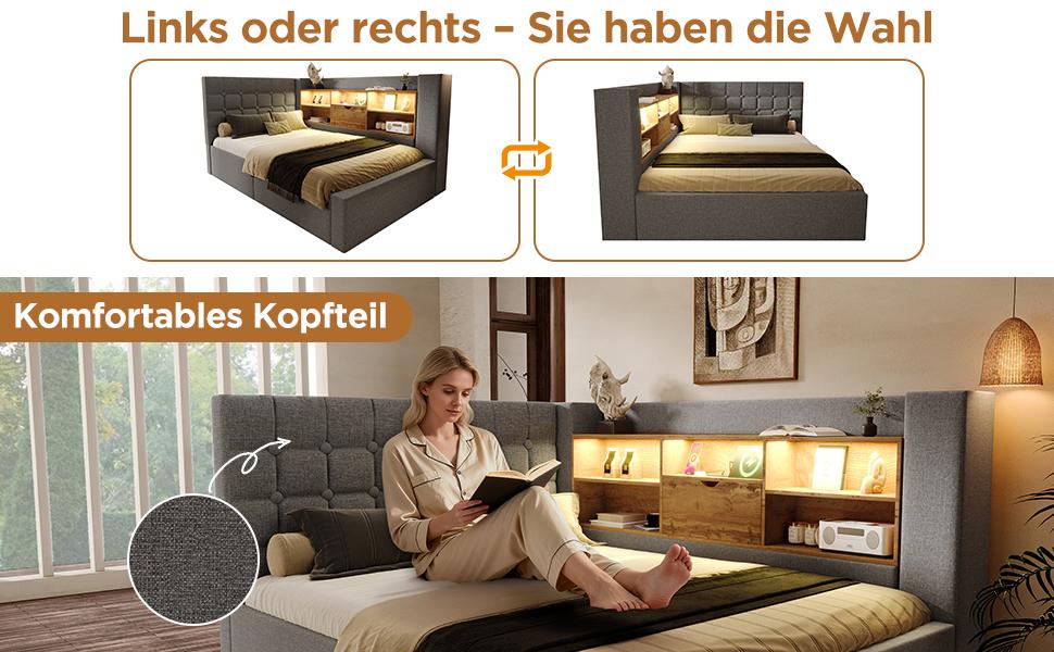 Gepolstertes Doppelbett 140x200 cm, LED-Beleuchtung, Hydraulischer Stauraum, L-förmiger Kopfteil-Stauraum, Beidseitig, Lattenrost, Leinen, Grau (Mit Matratze)