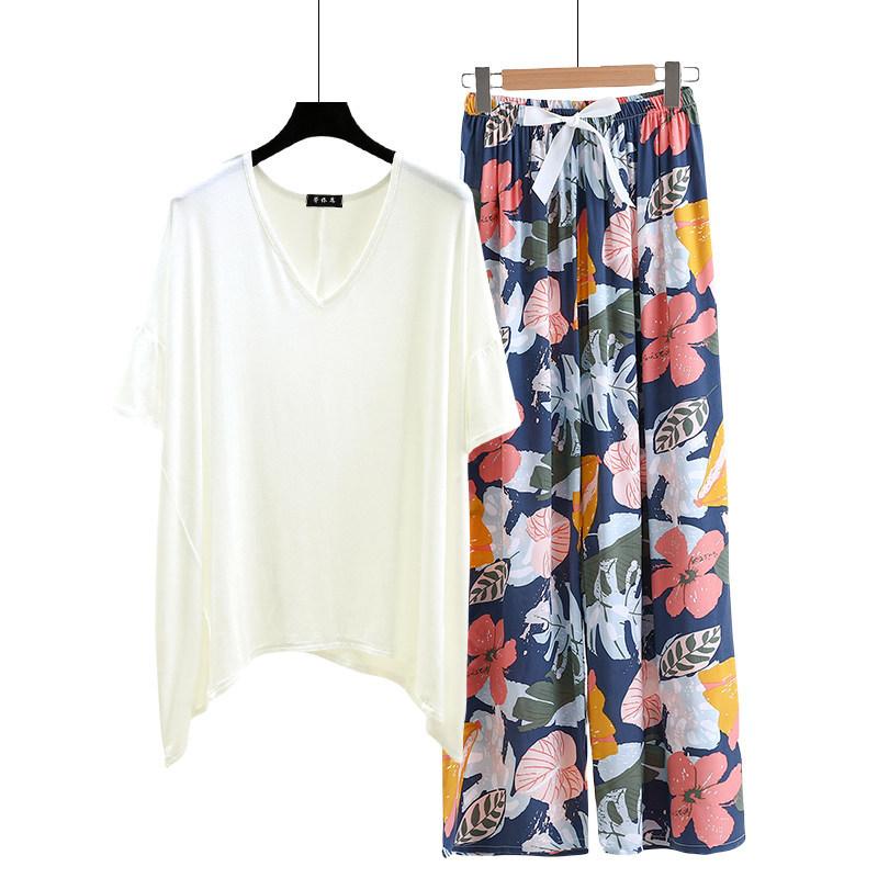 irregular Tshirt and floral wide leg pants summer women's casual pajamas sets Short sleeve homewear suit Loose lightweight Loungwear Plus size