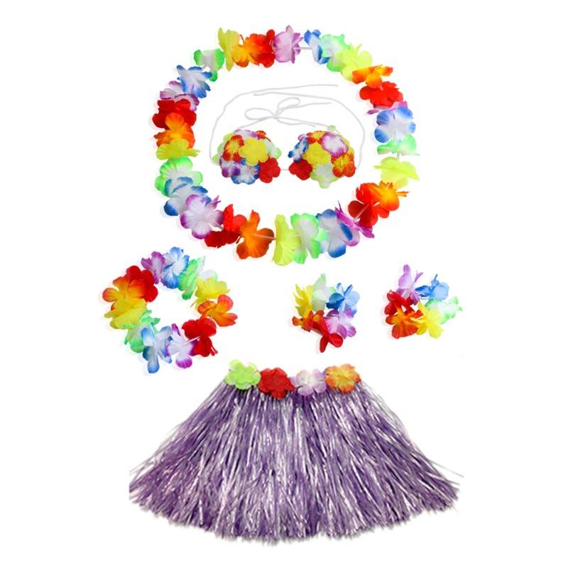 Party Adult Kids Hawaiian Grass Skirt Garland 6 Piece Set Festival Stage Performance Costume Outfit Props