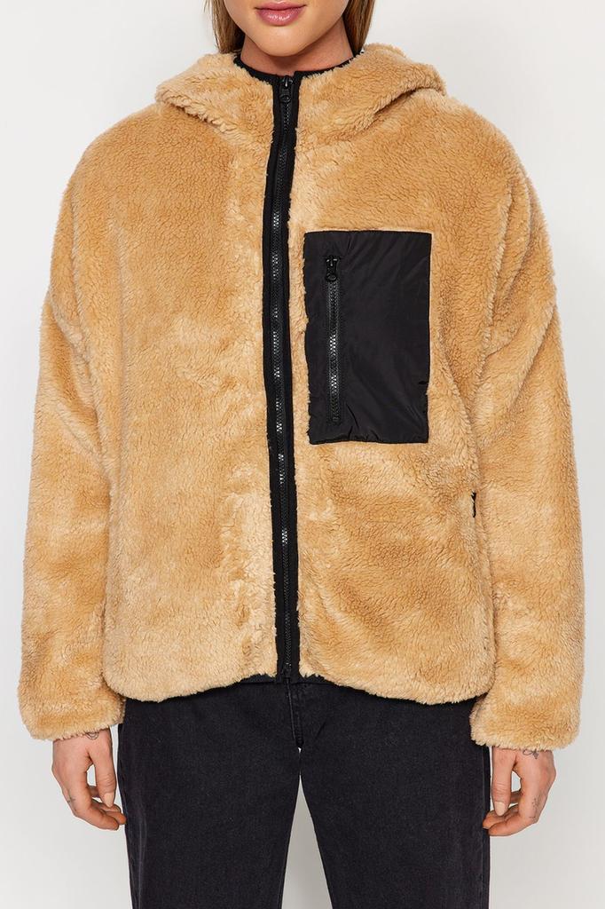 Damenmode Neuer Mantel Camel Oversize Kapuzentasche Detaillierter Plüschmantel