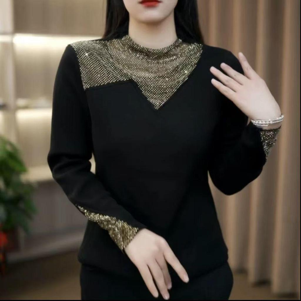 Autumn/Winter Rhinestone Long-Sleeve Top: Age-Reducing, Warm, Half-High Collar Fleece Base Layer Shirt