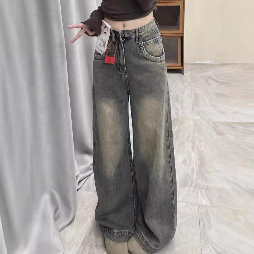 Damskie Jeansy Szerokie Nogawki Wysoki Stan Spierane Styl Amerykański Retro 2024 - Nowe Gorący Hit Luźny Prosty Styl z Drapowaniem
