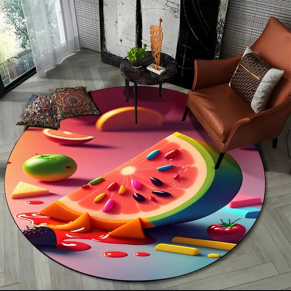 3D Niedlicher Tropenfrucht-Druck Runder Teppich Cartoon Früchte Teppich für Wohnzimmer Schlafzimmer Spielzimmer Badezimmer Dekor Rutschfeste Bodenmatte