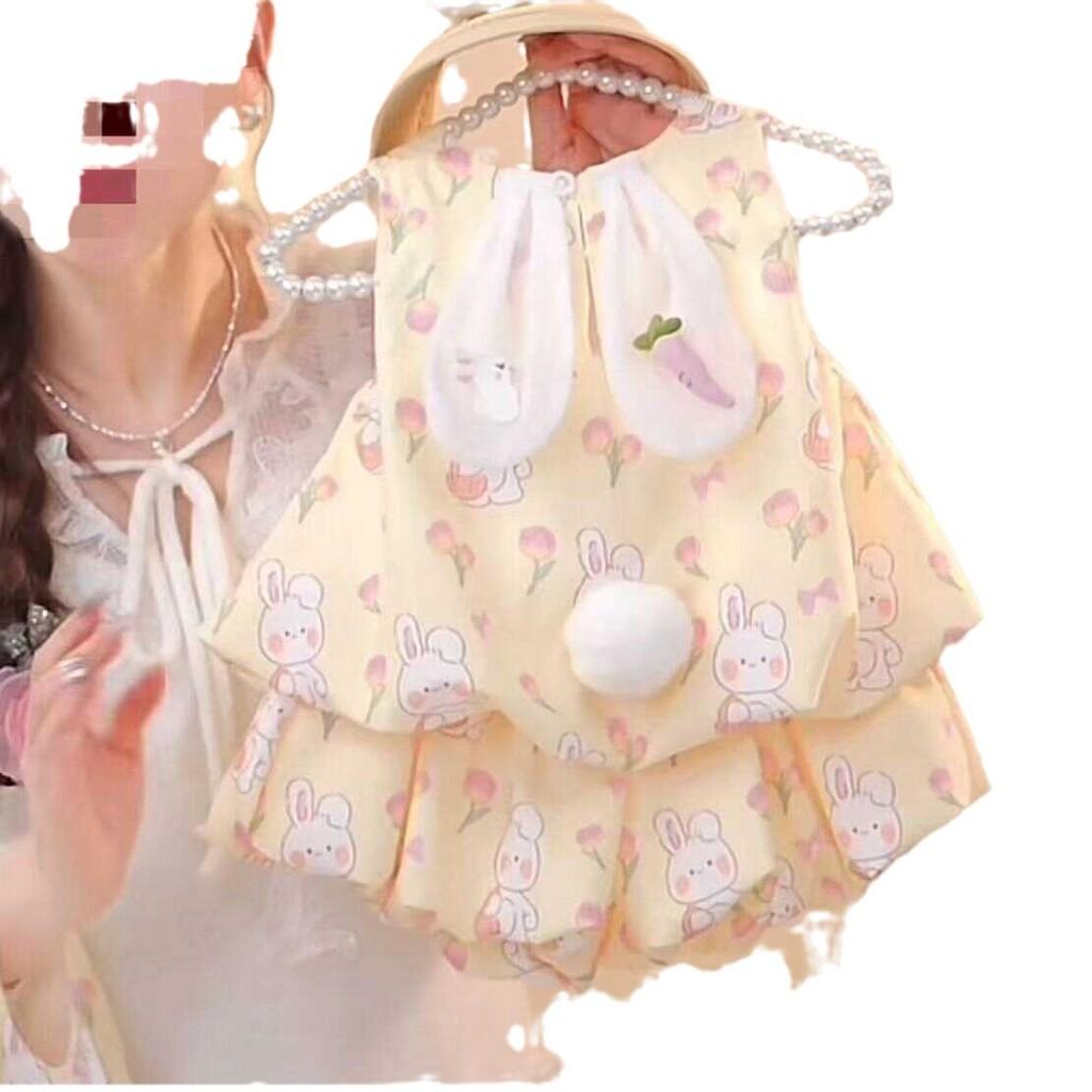 Trendy Cartoon Style Baby Girls Sleeveless Yellow Bunny Outfit Summer Set