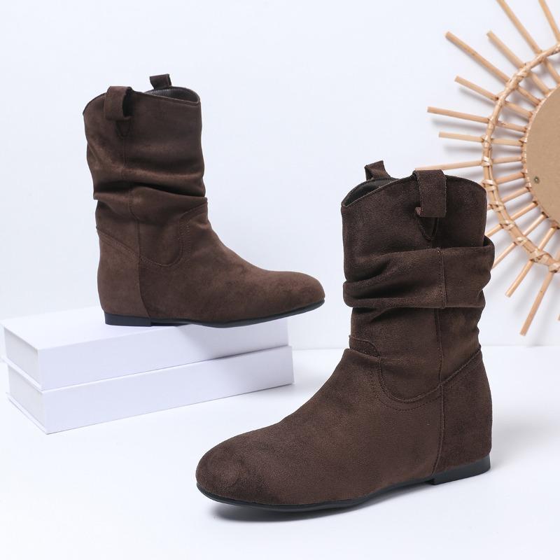 Round Toe Pleated Stack Boots Women's 2025 Winter New Plus-size Retro Sleeve Wedge Mid-leg Boots