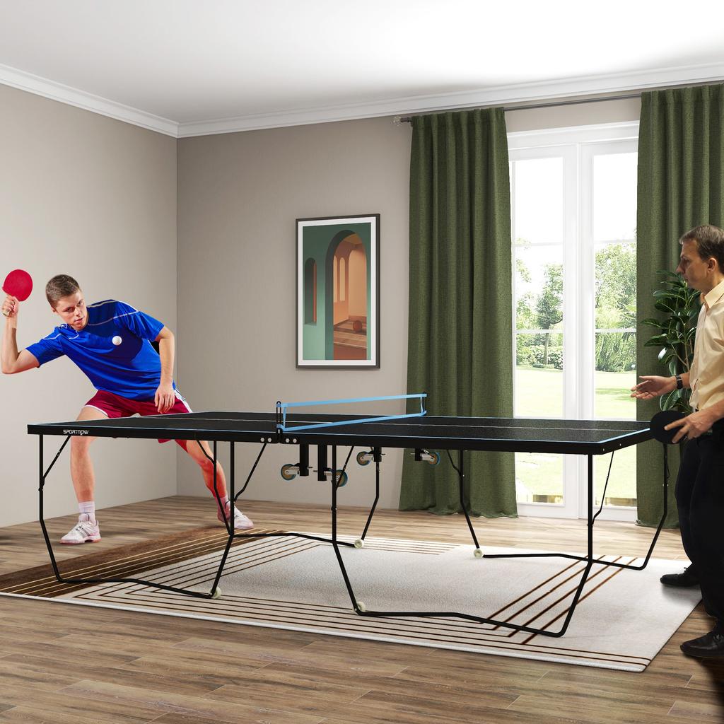 Table Tennis Table, Foldable, 8 Wheels, Powder-Coated Steel Frame, MDF, 274 X 152.5 X 76 Cm, Black