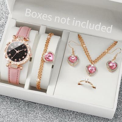 6 Stück/Set Mode Damen Lederarmband Quarz Uhr & Liebesherz Schmuckset
