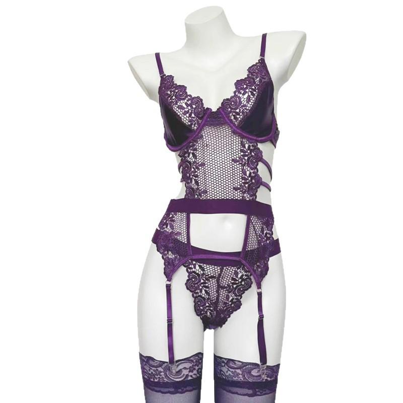 Sex underwear sexy pure desire purple onesie French vest seduction high sense lace steel ring pajama set