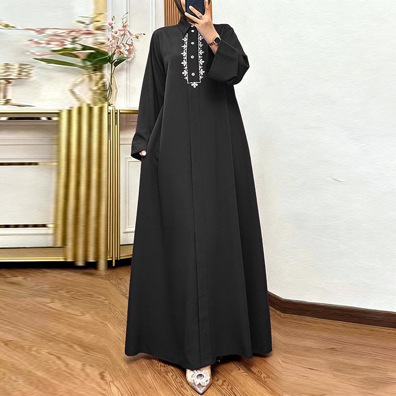 ZANZEA Women Casual Turn Down Collar Loose Floral Embroidery Long Sleeve Dress