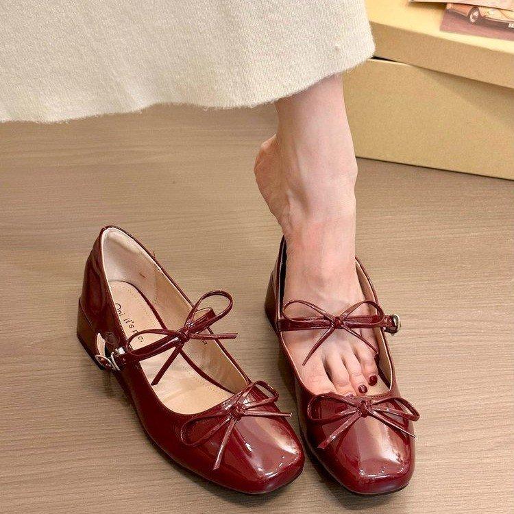 

Titing gentle sweet beans! Temperament round head bow word with Mary Jane shoes women s spring light mouth thick heel single shoes 40 бордовый