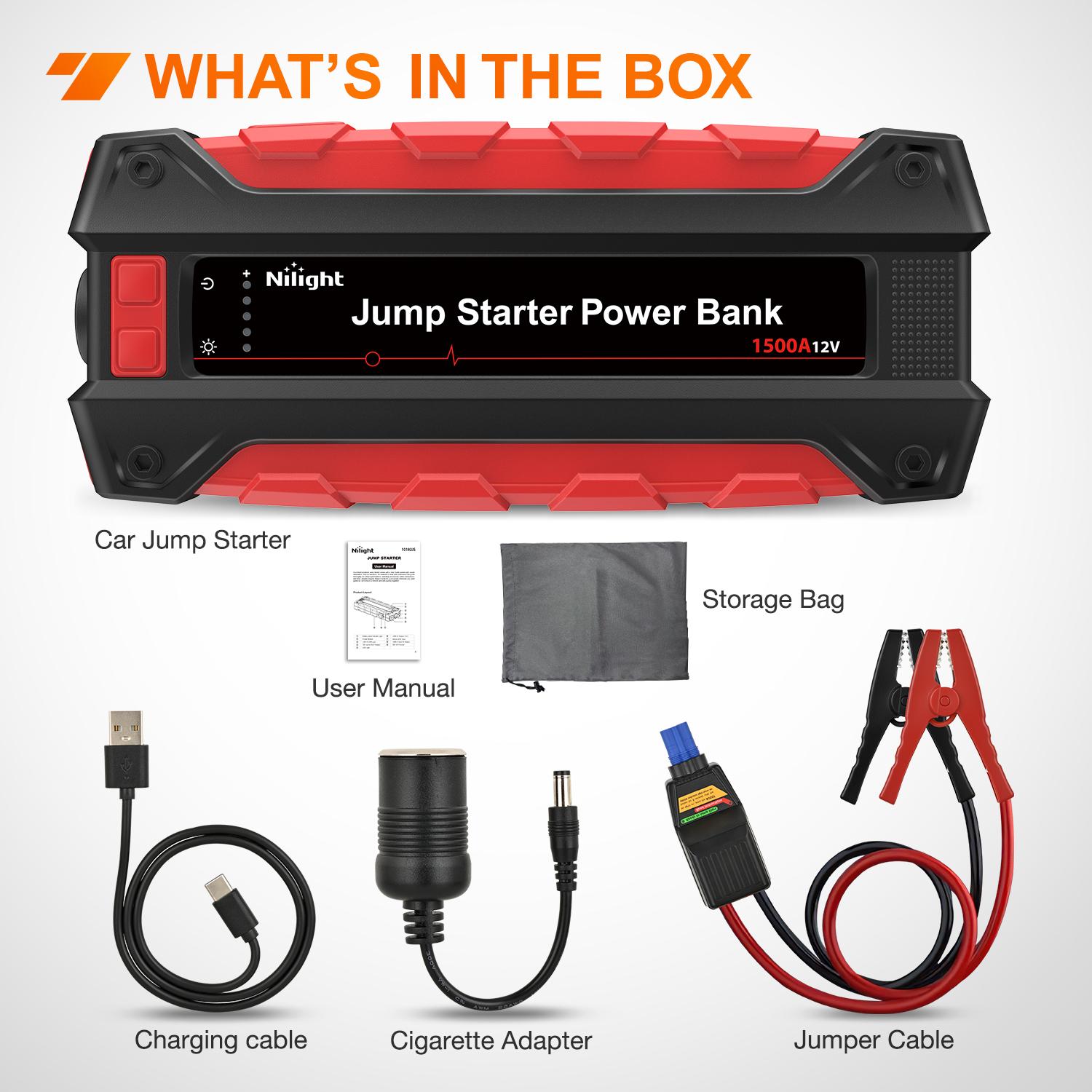 Nilight 1500A Car Battery Jump Starter for Up to 7.0L Gas & 5.5L Diesel Engines 12V Portable Jump Start Booster Pack Jump Box with Jumper Cables DC
