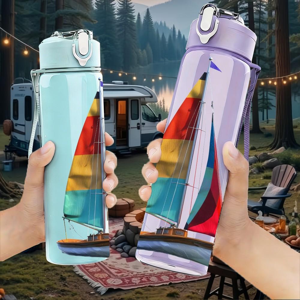 1PC Simple Single Sailboat Ocean Print 750ml Color Plastic Sports Water Bottle Leakproof Flip Straw Lid Suitable for Sports Office Home Use
