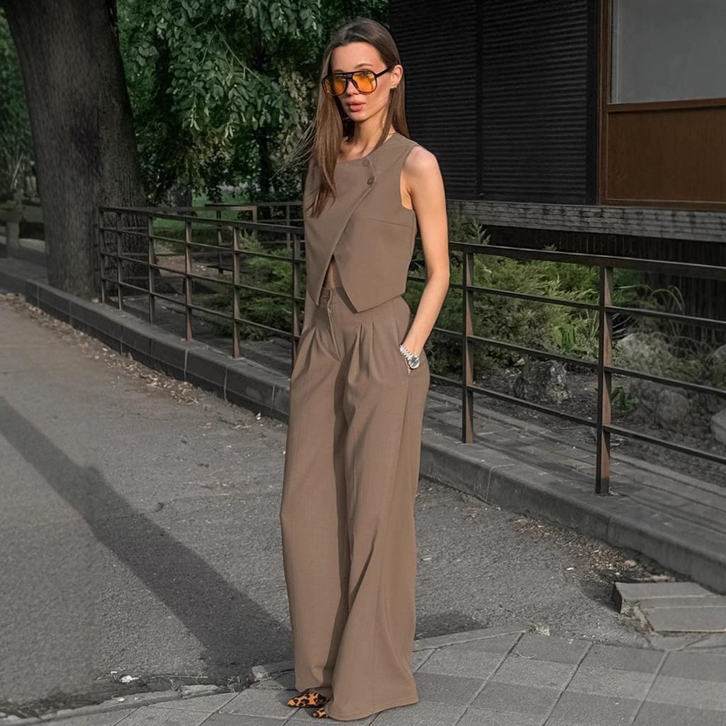 European and American commuter fashion khaki vest trousers two-piece set women's 1116 spring new design suit