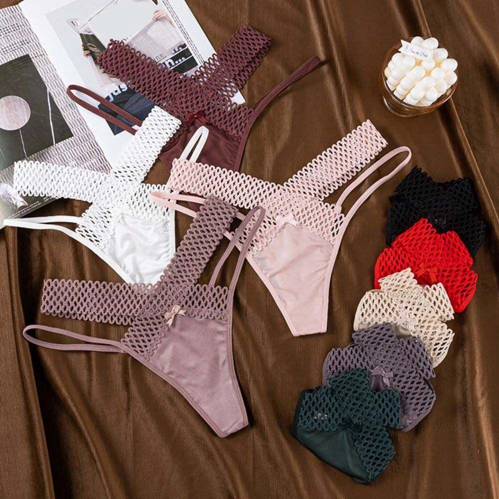 Low Waist Hollow Out Thongs Bowknot Women Mesh Briefs Comfortable Satin Silk Panties  Daily