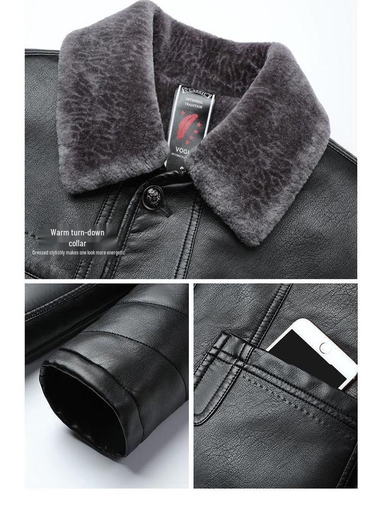 50-Year-Old Dad's Plus Velvet Thickened Leather Jacket for Middle-Aged & Elderly Men - Winter Cotton Padded Grandpa Jacket
