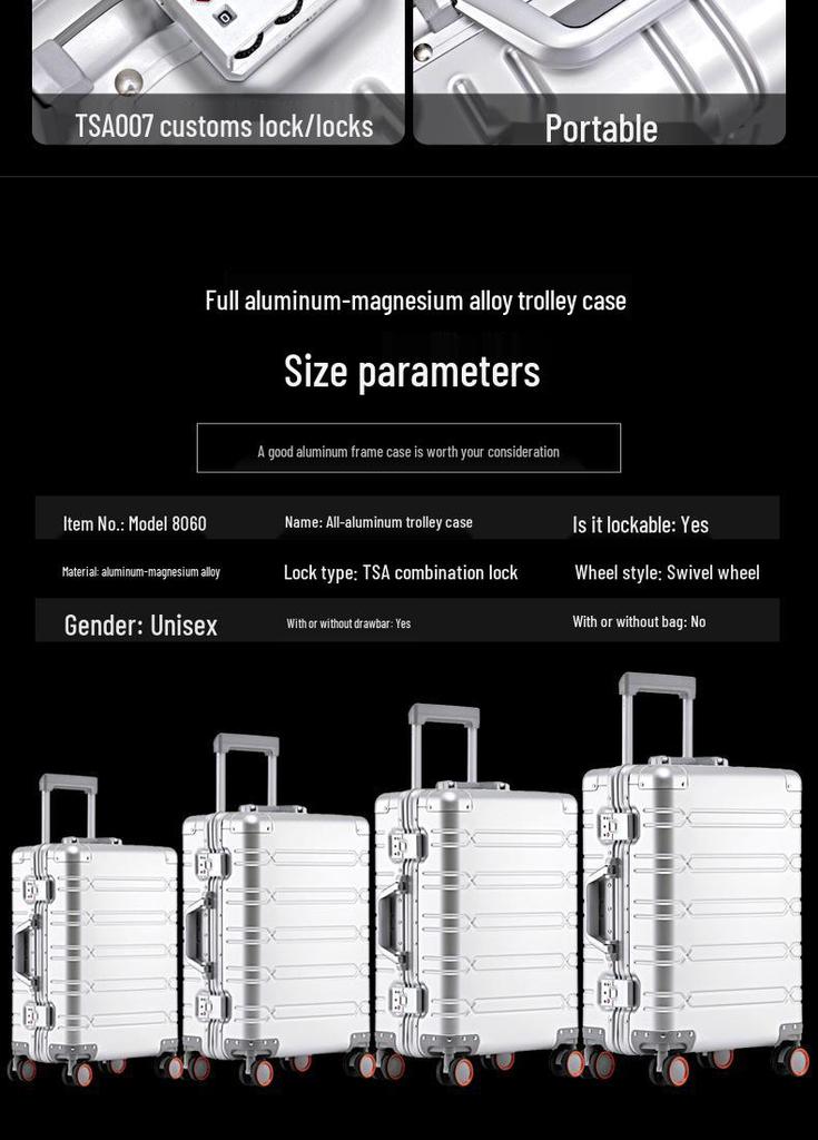 24-inch Aluminum Magnesium Alloy Trolley Luggage with Men's & Women's Combination Lock - Scratch & Wear-resistant Carry-on