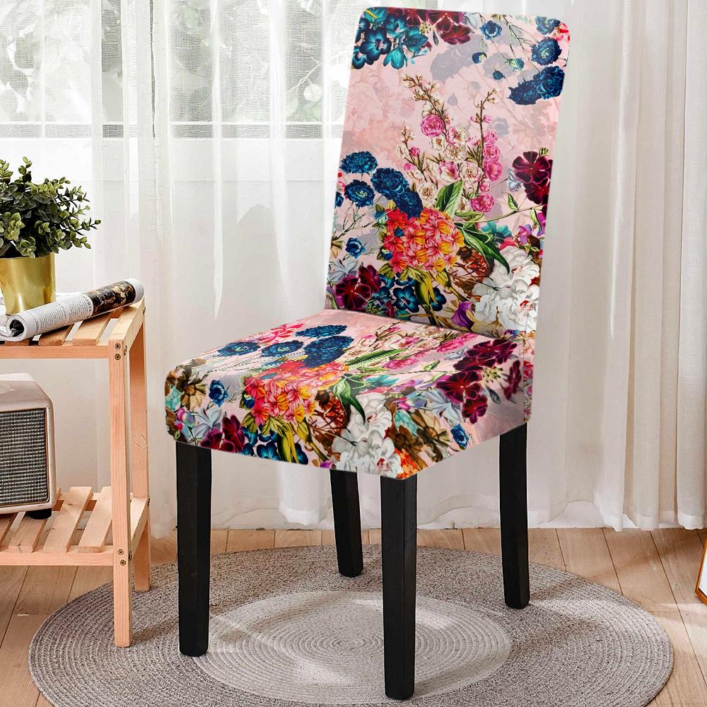 Flower Group Printed Spandex Anti -Dirty Elastic Seat Cover Removable High Back Dining Chair Cover Washable Kitchen Stools