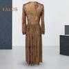 Spring Fall Dress V Neck Digital Floral Print Pleated A-line Maxi Dress Long Sleeves Beach Dress for Party Travel