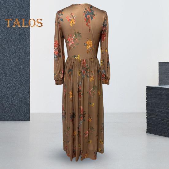 Spring Fall Dress V Neck Digital Floral Print Pleated A-line Maxi Dress Long Sleeves Beach Dress for Party Travel