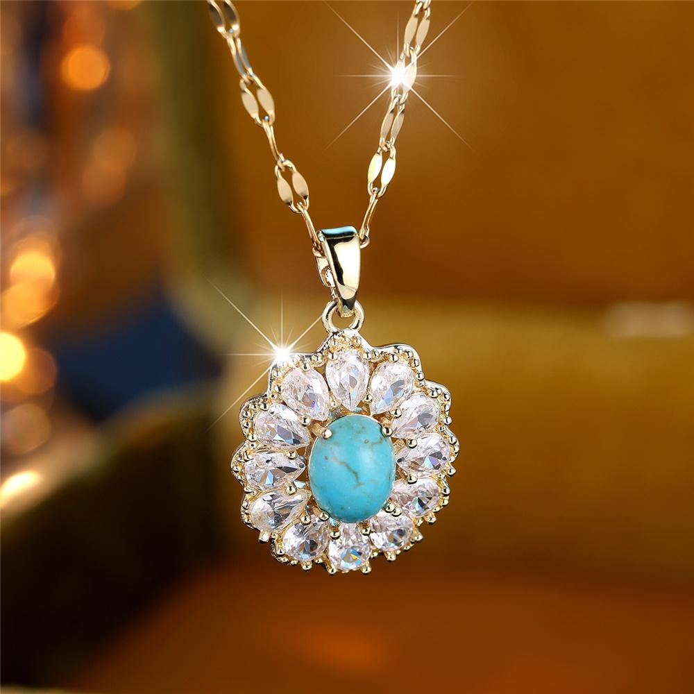Female Crystal White Zircon Blue Stone Pendant Necklace Vintage Gold Color Wedding  For Women
