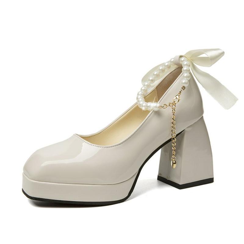 

Женские туфли на высоком каблуке больших размеров, осенние туфли Мэри Джейн на толстом каблуке с жемчужной цепочкой, модные модельные туфли на платформе 38