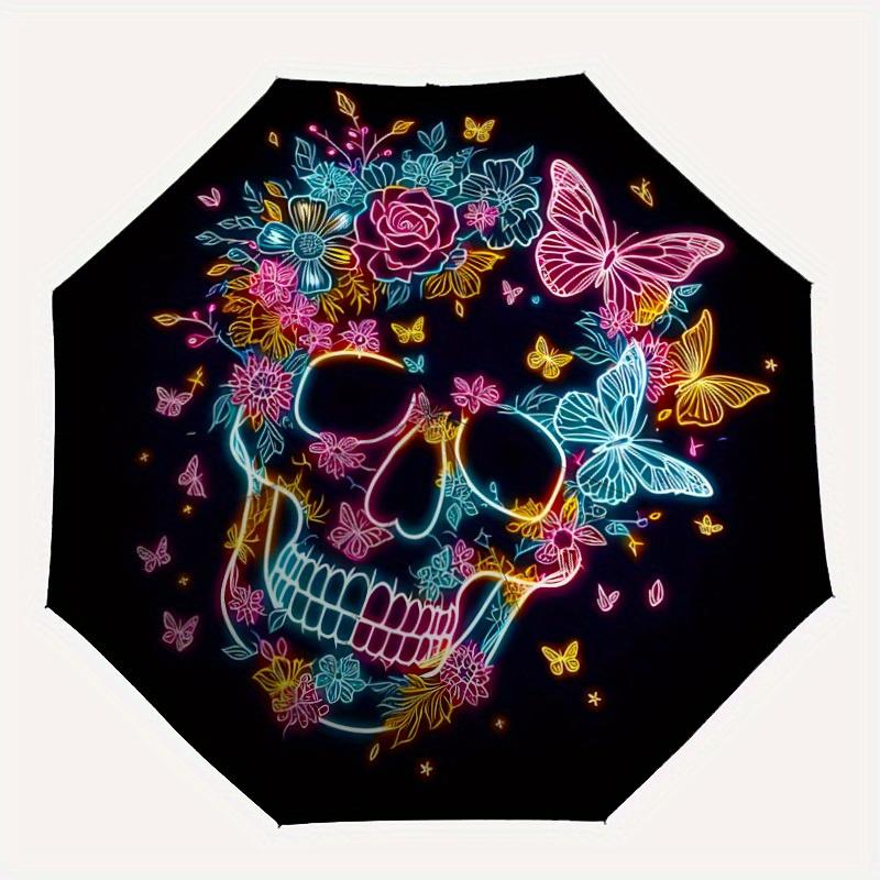 1pc Neon Skull with Flowers Umbrella - 8-Rib Automatic Open/Close, Fashionable Compact Umbrella for Outdoor Adventures yy250813152