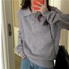 Women's Retro Polo Neck Grey Long Sleeve Knitwear - Soft Loose Fluffy Wool Sweater for Spring 2026.
